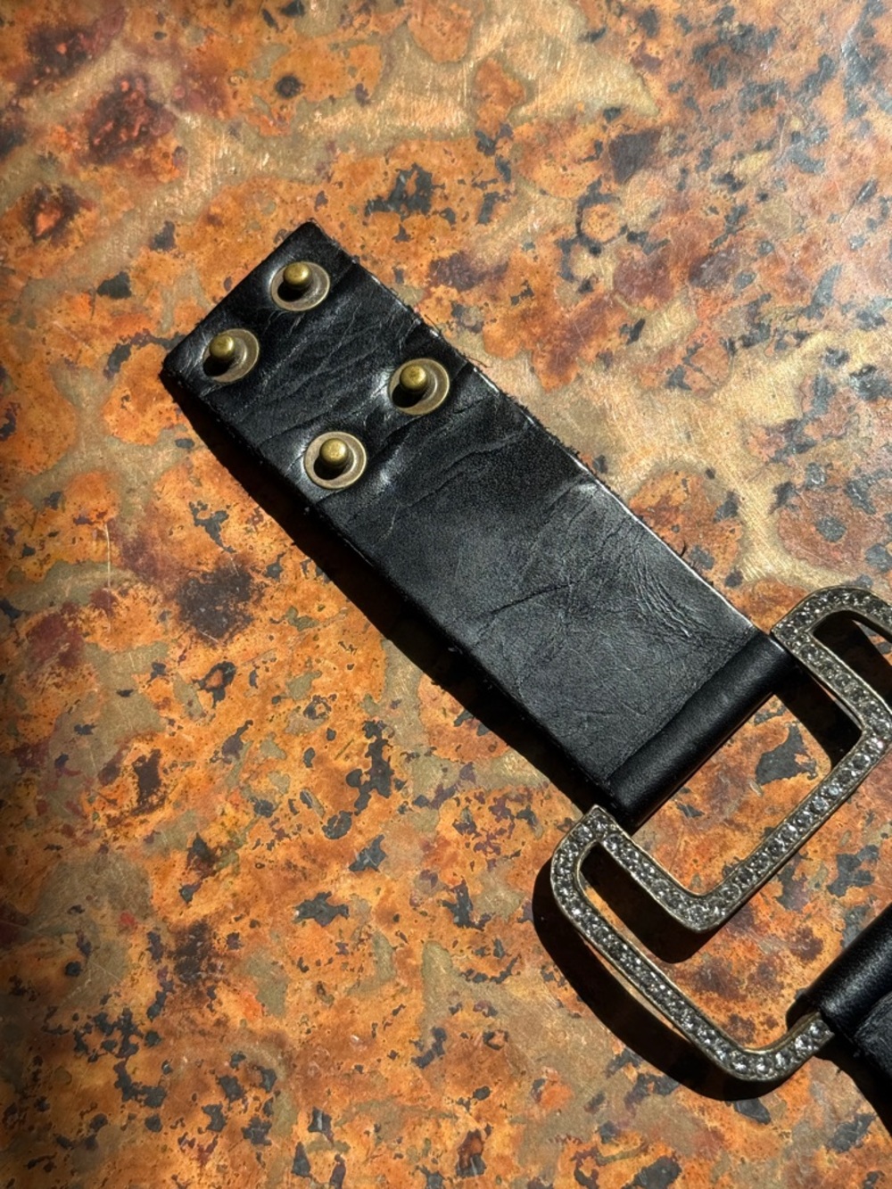 Black Leather Cuff Bracelet with Crystal-Embellished Bronze Buckle 2 Snap Close - Picture 11 of 11